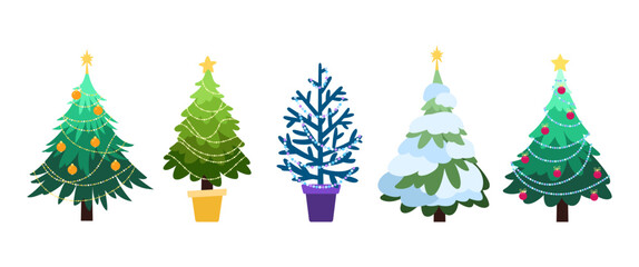 Set of festive fir trees decorated for Christmas. Vector cute illustration for design and decoration. Fir trees with beads, stars, glass balls. Christmas and New Year decor. Various tree shapes.