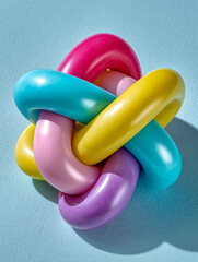 Colorful rubber rings intertwined on a blue textured background.