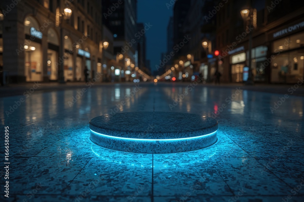 Poster empty marble surface illuminated by blue neon lights beneath the stone with an abstract blurred boke