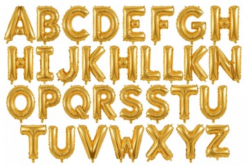 Complete set of uppercase English letters formed by shiny golden helium balloons on a white background