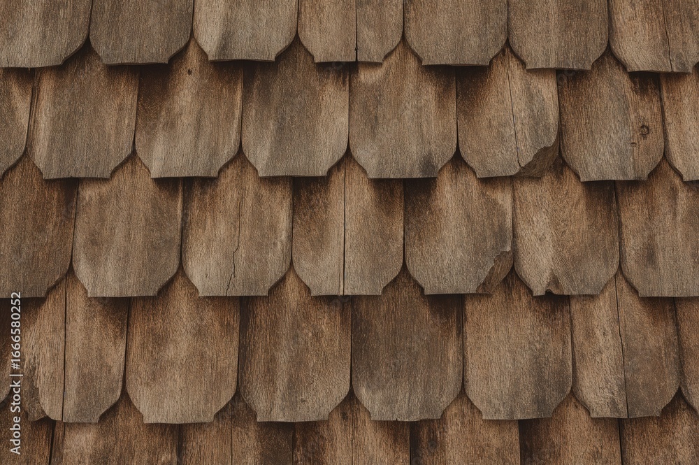 Poster close-up of weathered wooden shingles highlighting their distinct forms and textures