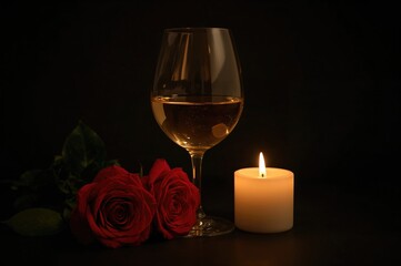 A pair of bright crimson roses blossoming, accompanied by a glass of red wine and a glowing candle on a dark backdrop, evoking feelings of romance and solitude.