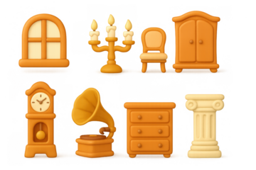 Vintage home decor set featuring furniture and accessories in 3d cartoon style