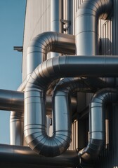 Industrial Metal Pipes and Ductwork System Showing Curves and Joints in a Modern Factory or Plant Environment under Clear Sky
