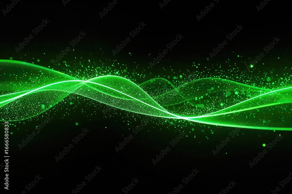 Poster 3d visualization of a futuristic abstract background with bright green neon streaks on a black canva