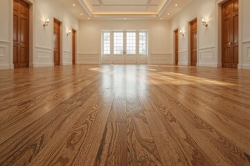 Close-up of wooden flooring with ceiling and doors reflecting light in a room