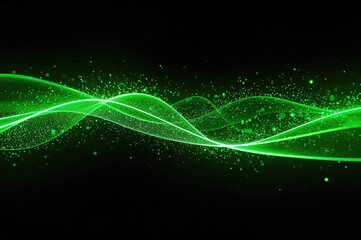 3D visualization of a futuristic abstract background with bright green neon streaks on a black canvas. Energetic movement with radiant dots forming light paths.
