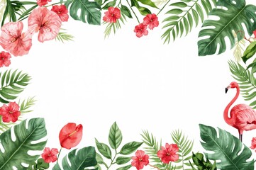 Fototapeta premium Tropical greenery and vibrant anthurium blooms frame this watercolor piece on a clean white canvas.