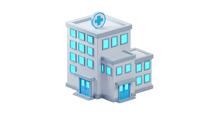 Modern isometric hospital building with bright blue windows and entrance for healthcare services
