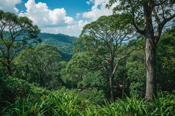 Obraz premium Dense tropical greenery with vibrant trees and shrubs along a hiking trail