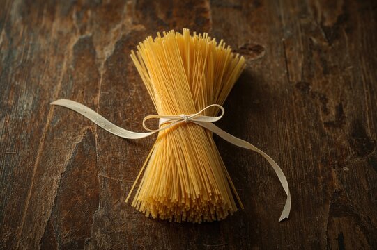 Uncooked spaghetti noodles bound with a fabric tie placed on a vintage wooden surface - Powered by Adobe