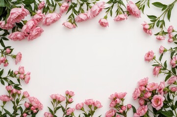 Top-down view of a floral pattern with pink flowers on a white background