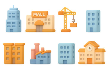 Charming 3d buildings collection featuring mall, crane, and clock tower