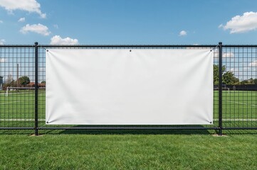 Blank white advertising banner displayed on metal fence at sports field, front perspective