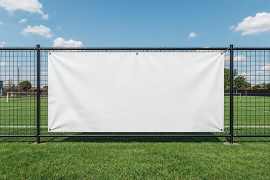 Blank white advertising banner displayed on metal fence at sports field, front perspective