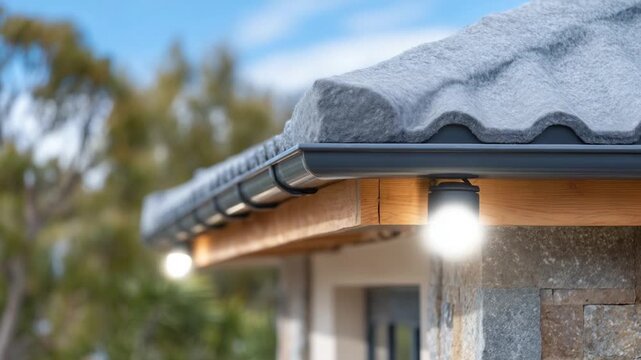 Enhance home weatherproofing with thermal insulation wrap on roof corners, featuring a rainwater drainpipe and softly glowing security light.