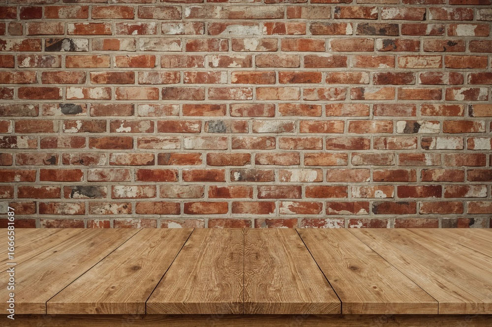 Poster empty wooden surface in front of a rustic brick backdrop