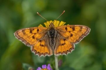 Fototapeta premium The fiery skipper butterfly belongs to the Hesperiidae family and measures about one inch; males showcase vibrant orange or yellow hues, whereas females display dark brown coloration.