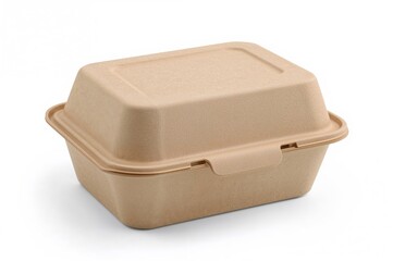 Sustainable molded fiber clamshell food container with a hinged lid for convenient access, perfect for packaging meals, shown on a white backdrop.