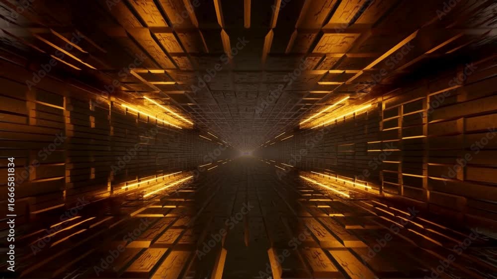 Poster a futuristic, golden tunnel with glowing lines and repeating geometric patterns.
