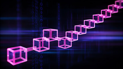 Dynamic blockchain technology concept with interconnected glowing cubes and digital code visuals