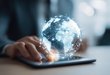 Close-up of hands on tablet, hovering digital globe.  Global network concept