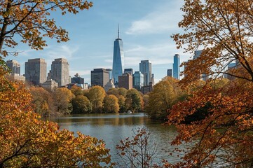 Fototapeta premium Vibrant autumn leaves in shades of gold, amber, and red frame a tranquil waterside scene with a city skyline in the distance