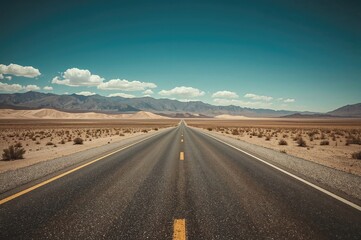 Naklejka premium Infinite highway through a barren wasteland, tinted photo with sky and asphalt, travel, vintage style, open landscape, retro vibe, sense of freedom, distant horizon