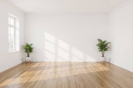 Interior of an empty white room featuring hardwood flooring with a blurred living room backdrop