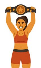 Female champion fighter holding victory belt overhead - Flat illustration on transparent background