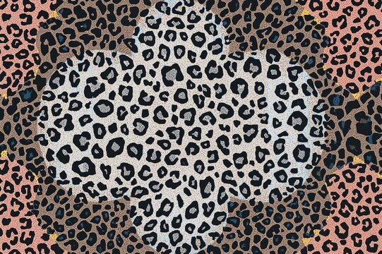 Fountain pen crafted lace background with leopard print and textured gradient patterns blending colorful snake and ground designs