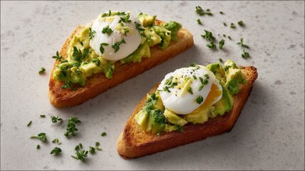 Closeup of two soft poached eggs on toasted sourdough with smashed avocado and fresh herbs on neutral background with space for text