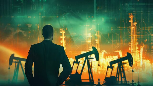 A man stands in front of a row of oil pumps, conveying a sense of occupation and industry