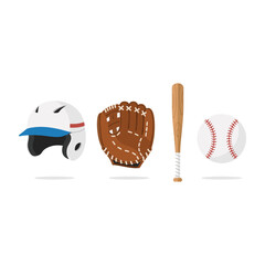 Essential baseball gear, featuring a white helmet, brown glove, wooden bat, and classic white ball, on a clean background.