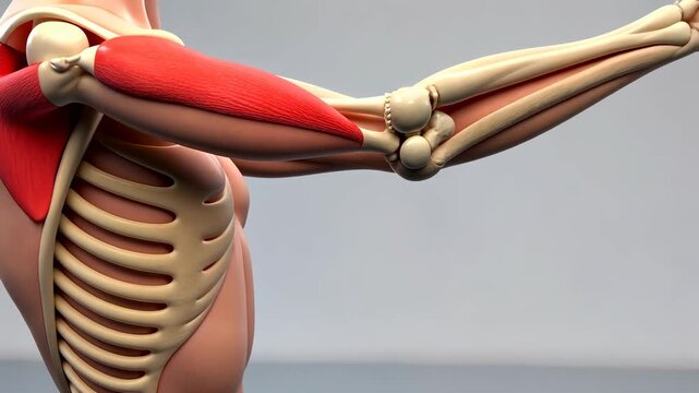 Human anatomy, muscle structure, bone composition. Skeletal function. Muscles strengthen with regular exercise. Ligaments support joint stability. 3D medical render depicts forearm movement.