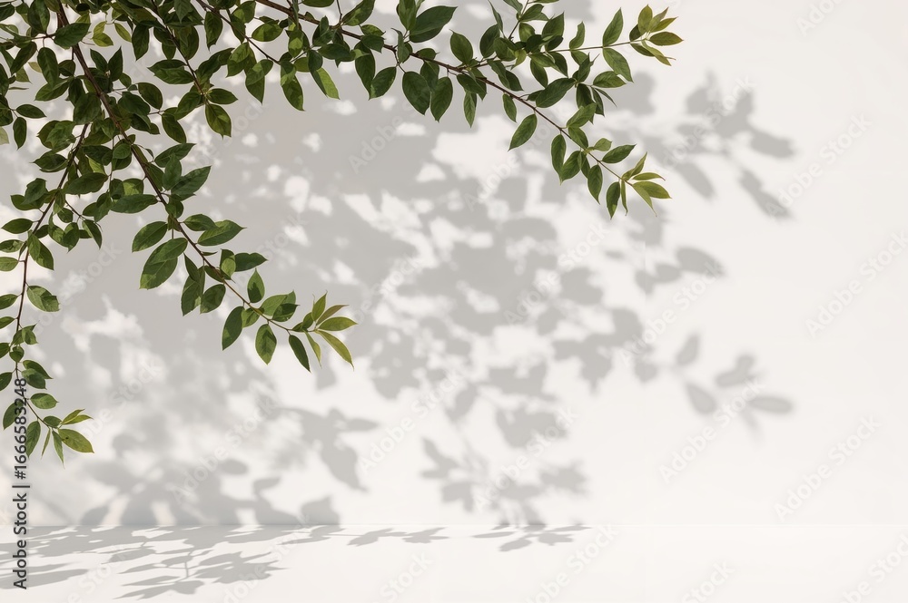 Poster sophisticated summer-themed backdrop featuring green foliage casting patterned shadows in sunlight o