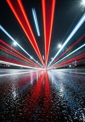 Speed and Reflection: Long Exposure Car Lights on a Rainy Night Street