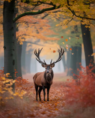 A deer stands in the forest in colorful autumn