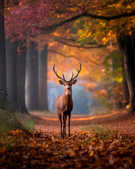A deer stands in the forest in colorful autumn