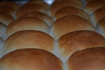 Freshly baked pav buns arranged neatly in a baking tray, golden brown on top with a soft fluffy texture, ready to be served warm.