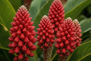 Detailed view of vivid red, cone-like blossoms, probably from a tropical ginger species. The striking texture and intense red hues stand out against lush green leaves.