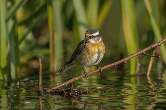 A small bird perched on a branch showing its belly to the viewer.