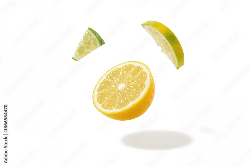 Poster water droplets and lemon slices with shadows on a white backdrop, isolated with clipping path