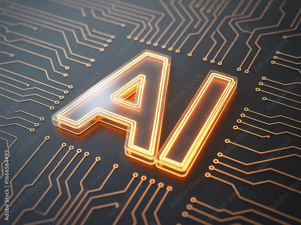 Poster a glowing text ai with a circuit board background