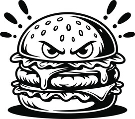 Angry double cheeseburger character with splashes
