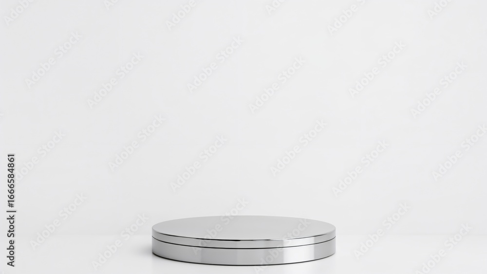 Poster minimalist white pedestal with cylindrical base on blank backdrop. display platform featuring a roun