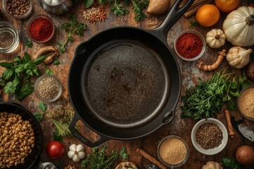 Culinary backdrop featuring a seasoned iron pan alongside various herbs and spices