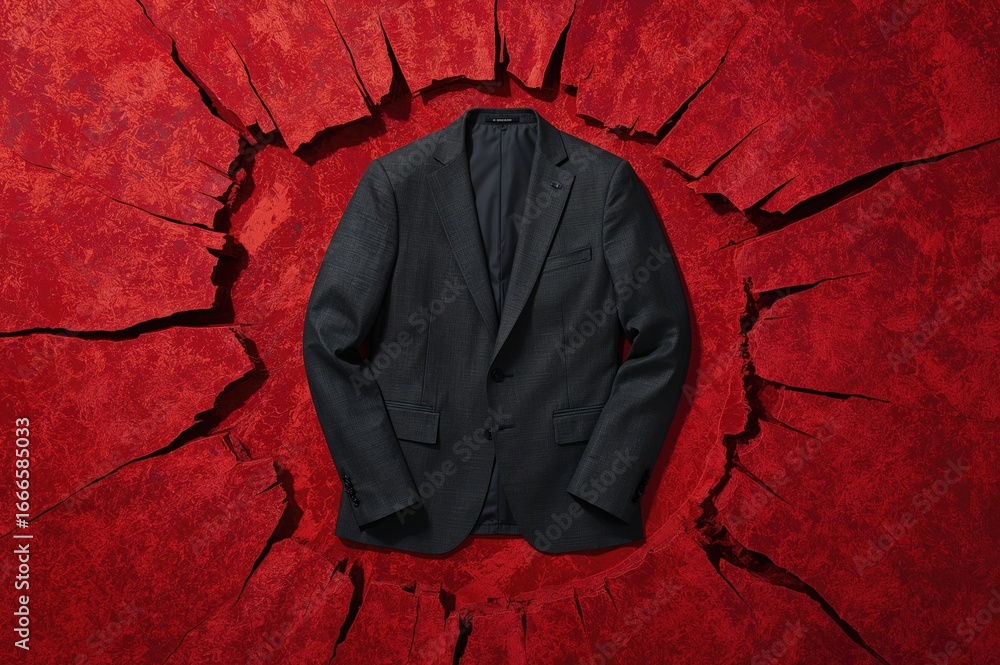 Poster top view of folded fabric suit with red textile and crushed texture