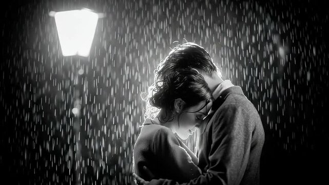 A romantic couple embraces in the rain under a streetlight in black and white. Static camera. 4K.
