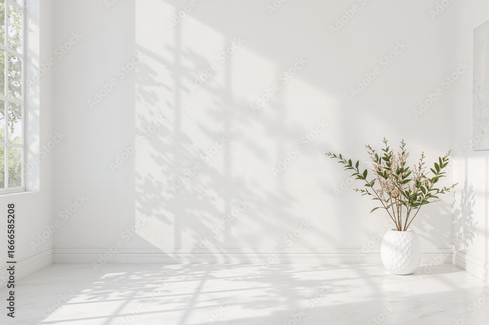 Poster minimalist white studio setting for showcasing products with window and foliage shadows, featuring a